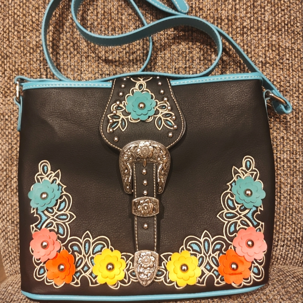 Floral Embellished Black Crossbody Handbag